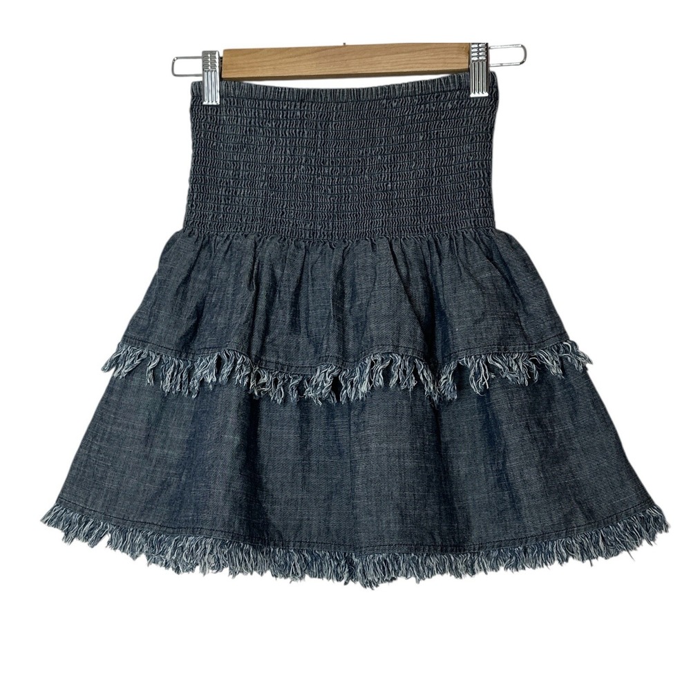 TRINA TURK Mini Skirt Womens Medium denim chambray tiered elastic waist Linen Bl